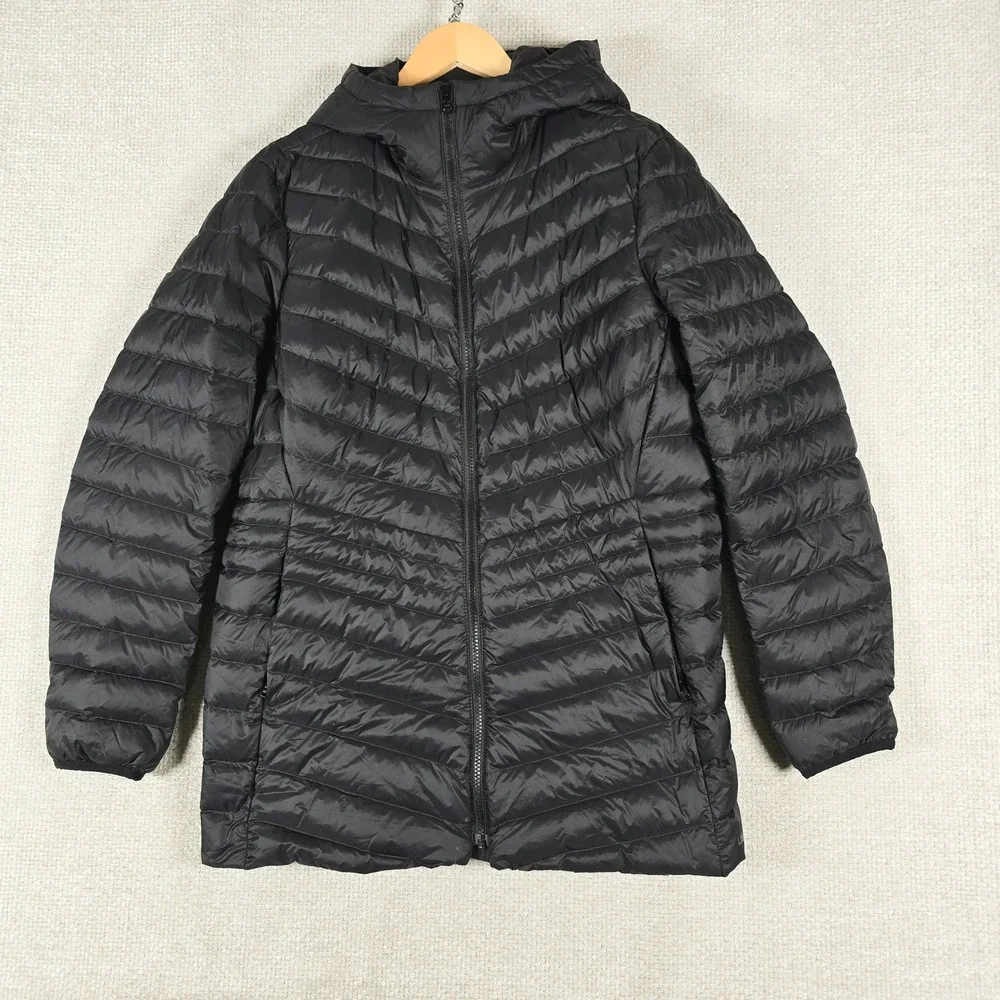Lands End Kids Black Down Puffer Jacket Hooded Quilted Coat L 14-16 518697